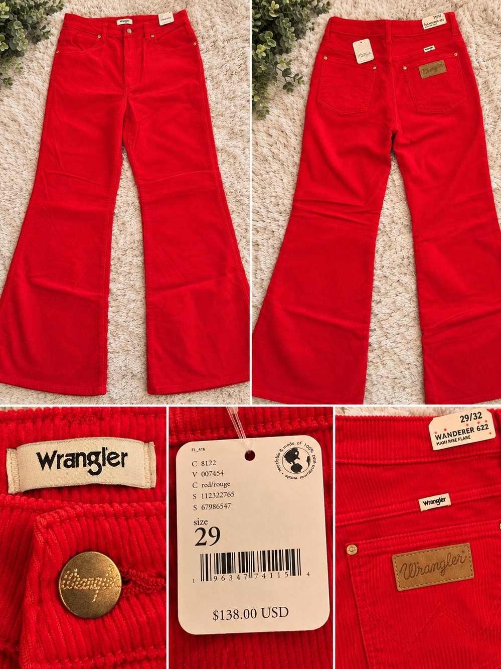 Wrangler x Free People Wanderer 622 Red Corduroy High Rise Flare Pants 29/32 NWT